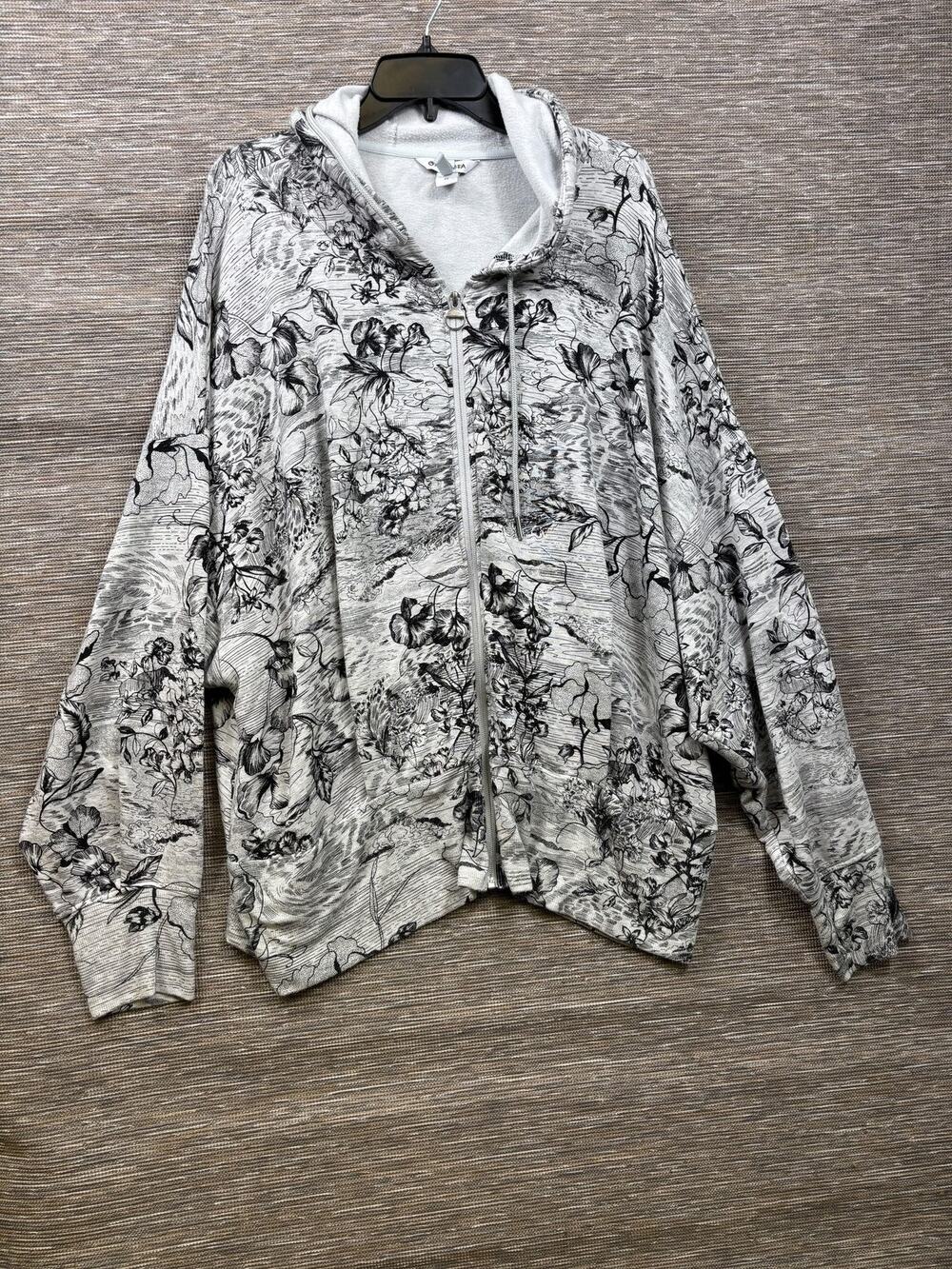 Athleta Hoodie Womens 3X Gray Floral Balance Sweatshirt Full Zip Fleece Dolman